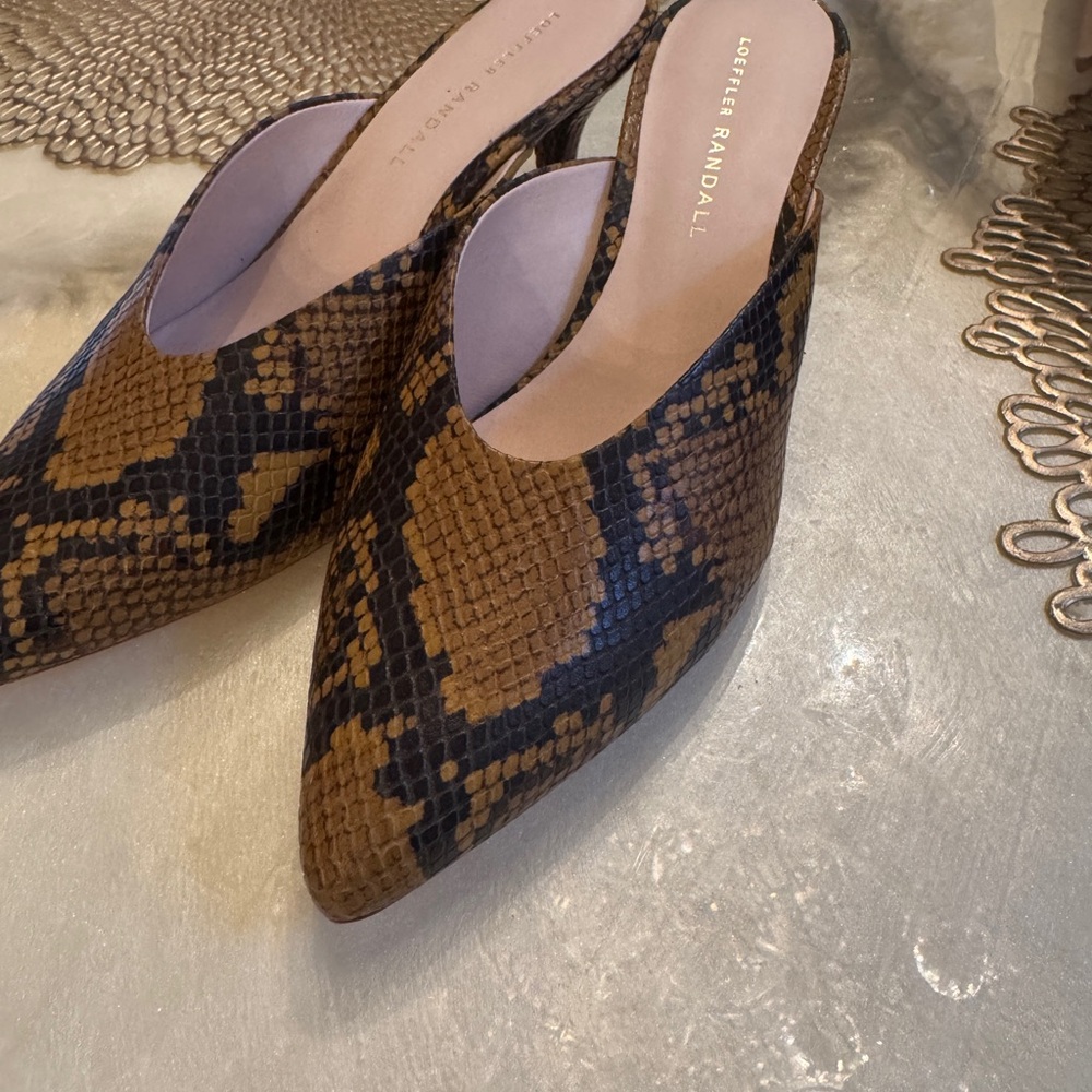 New Loeffler Randall Snake Print Mules - Black and Tan 7.5